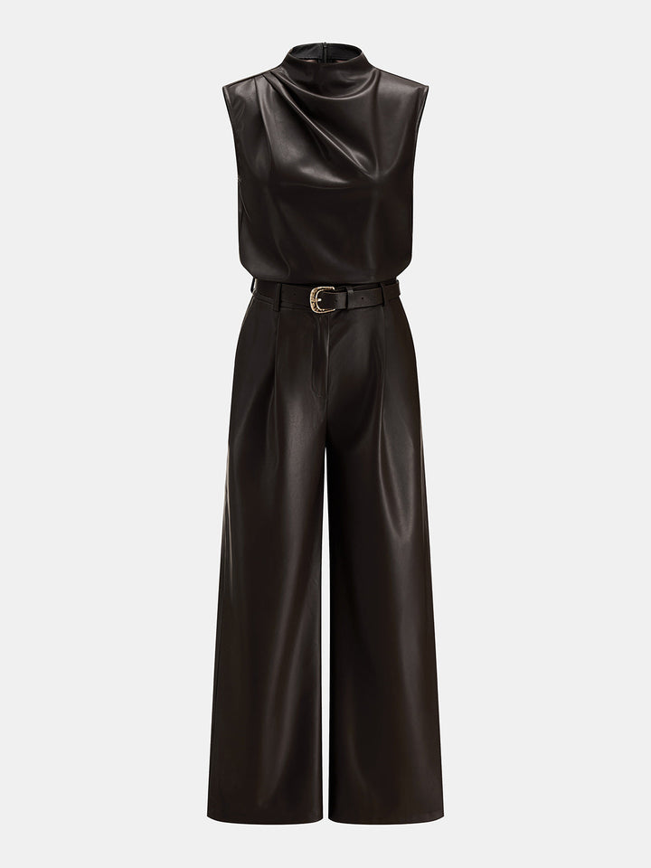 Faux Leather Two‑Piece Belted Pants Set