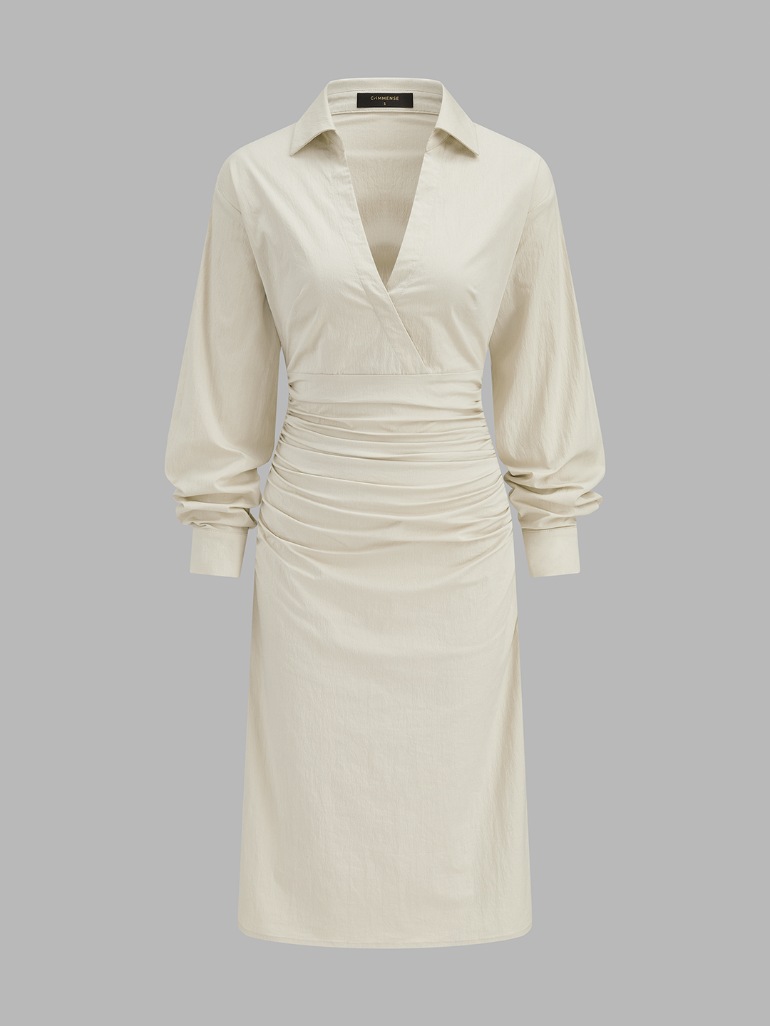Collared Ruched Waist Midi Shirt Dress