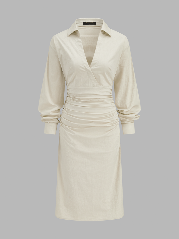 Collared Ruched Waist Midi Shirt Dress