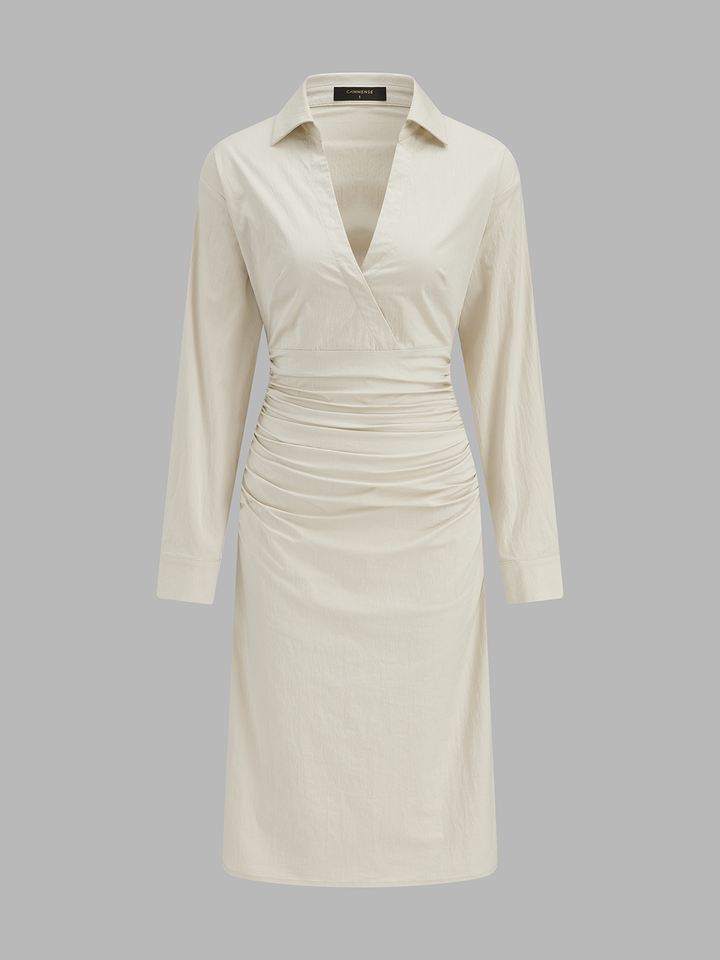 Collared Ruched Waist Midi Shirt Dress