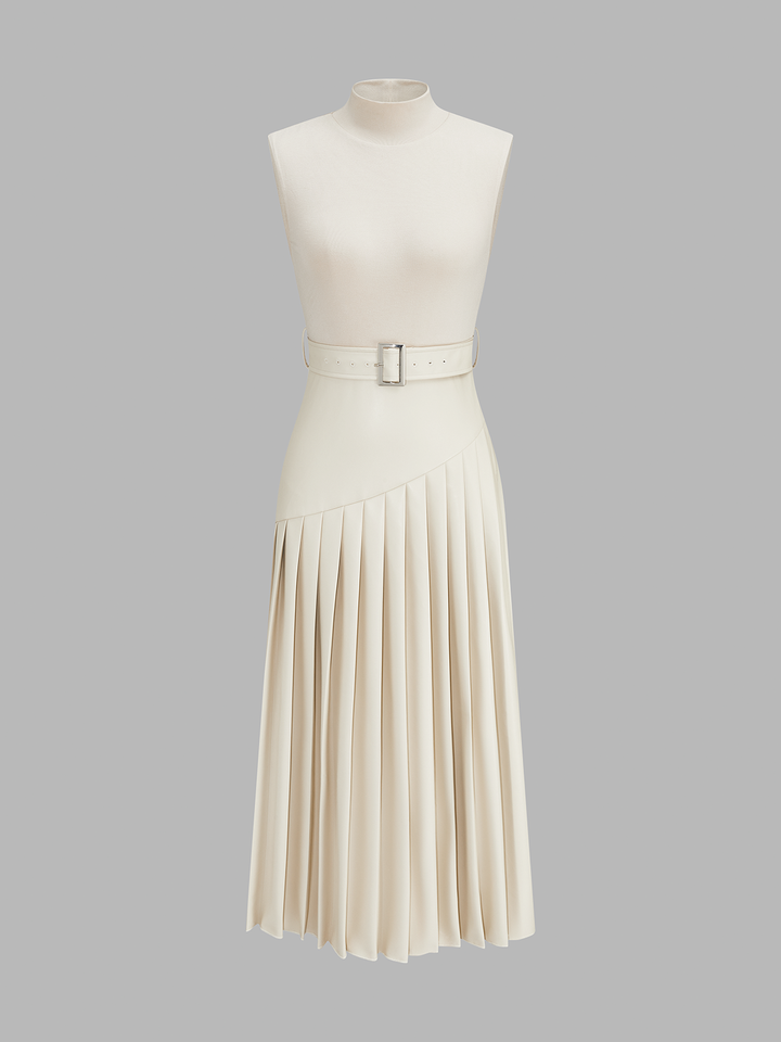 Knit Bodice Faux Leather Pleated Maxi Dress