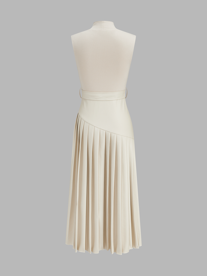 Knit Bodice Faux Leather Pleated Maxi Dress