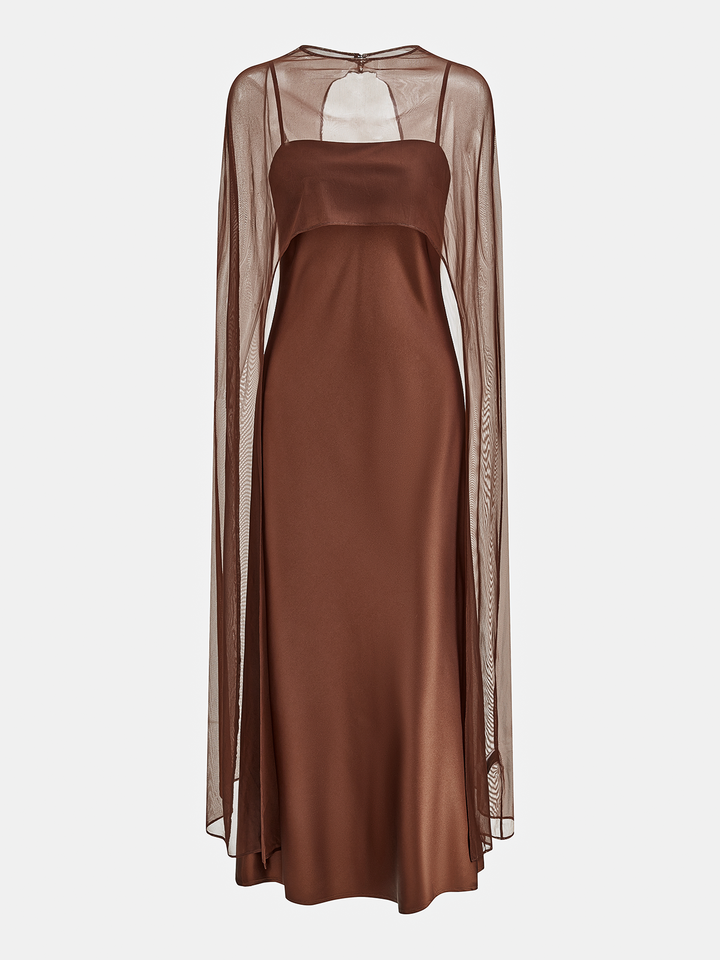 Mesh Cape Overlay Satin Slip Dress