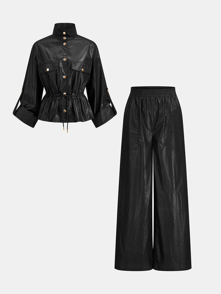 Glossy Fabric Drawstring Waist Two‑Piece Outfit
