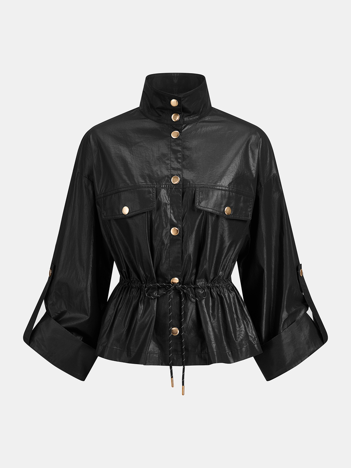 Glossy Fabric Drawstring Waist Two‑Piece Outfit