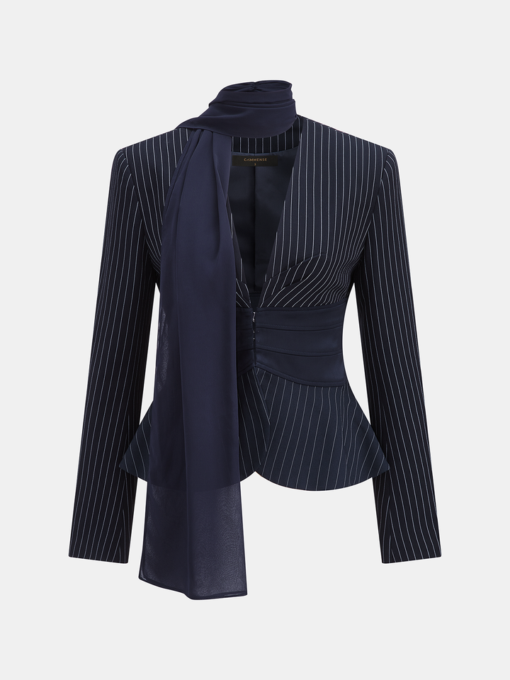 Scarf Collar Pinstripe Blazer