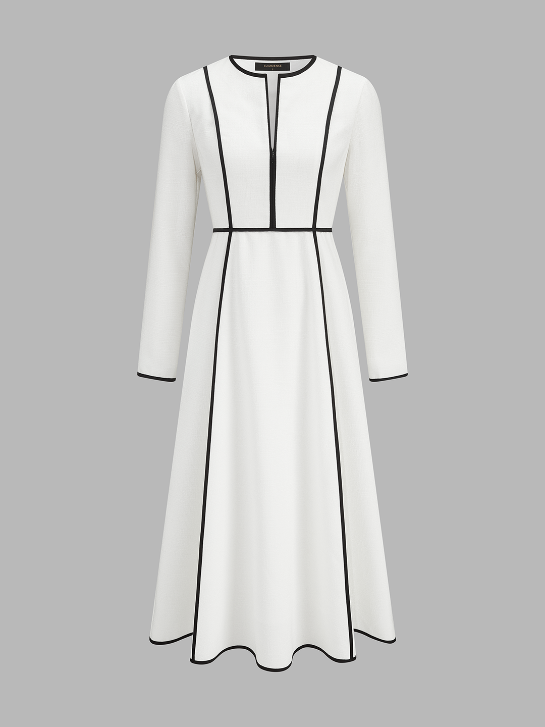 Contrast Piping Long Sleeve Midi A‑Line Dress