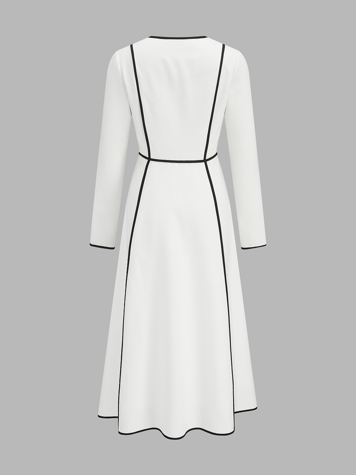 Contrast Piping Long Sleeve Midi A‑Line Dress