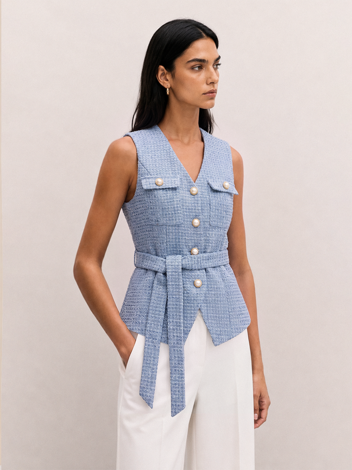 Belted Tweed Pearl Button Sleeveless Vest