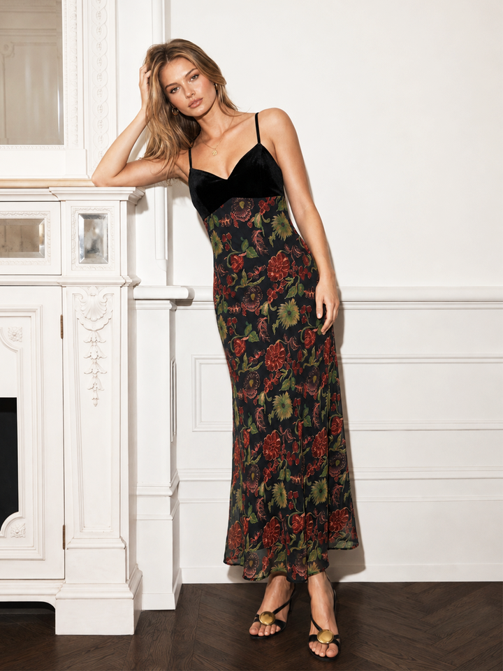 Velvet Bodice Floral Slip Maxi Dress