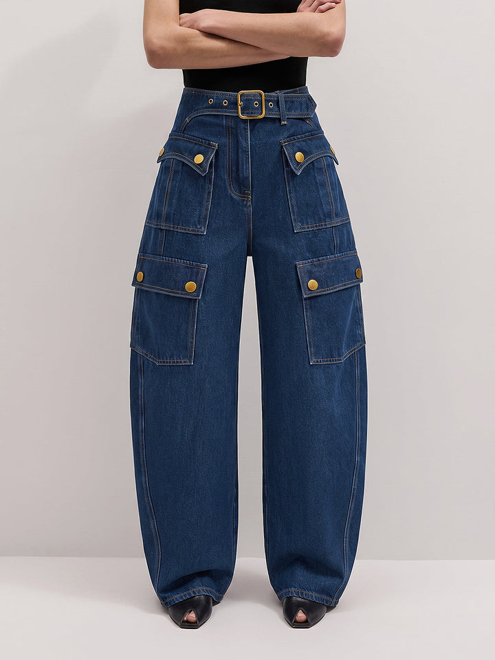 Belted Multi‑Pocket Barrel Cargo Jeans