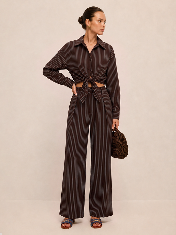 Cropped Knot Detail Pinstripe Two‑Piece Outfit