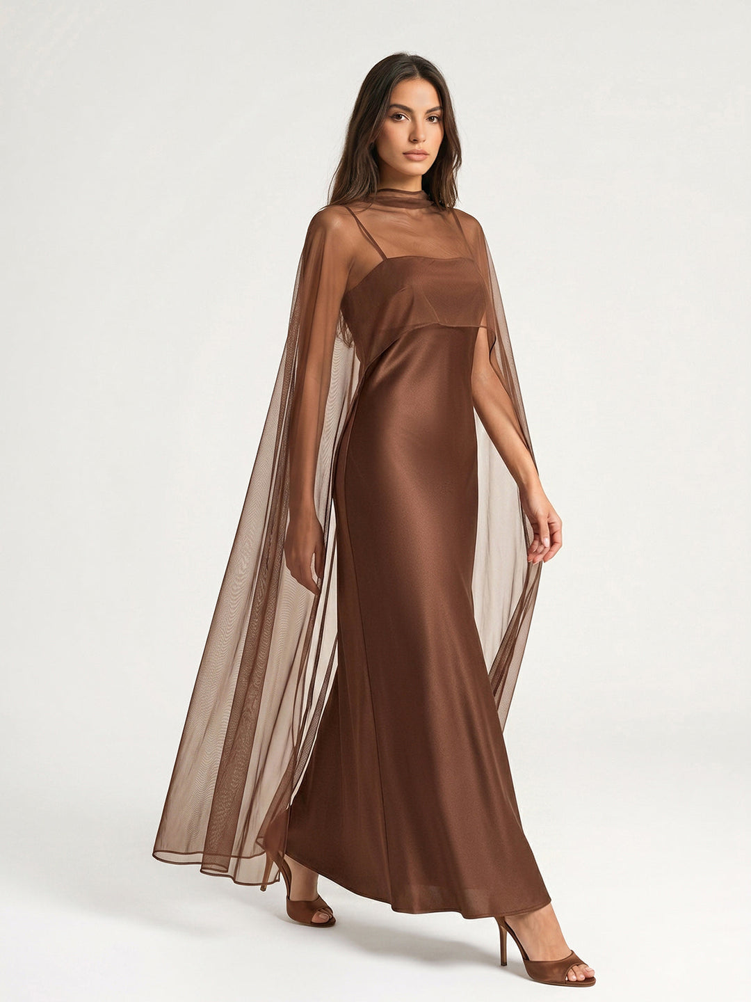 Mesh Cape Overlay Satin Slip Dress