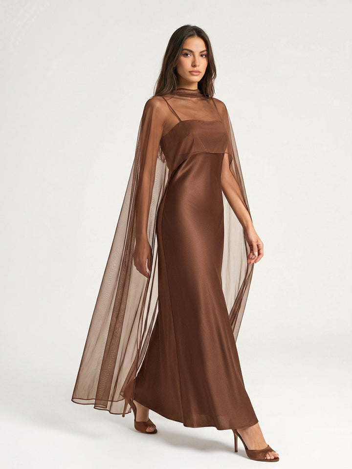 Mesh Cape Overlay Satin Slip Dress