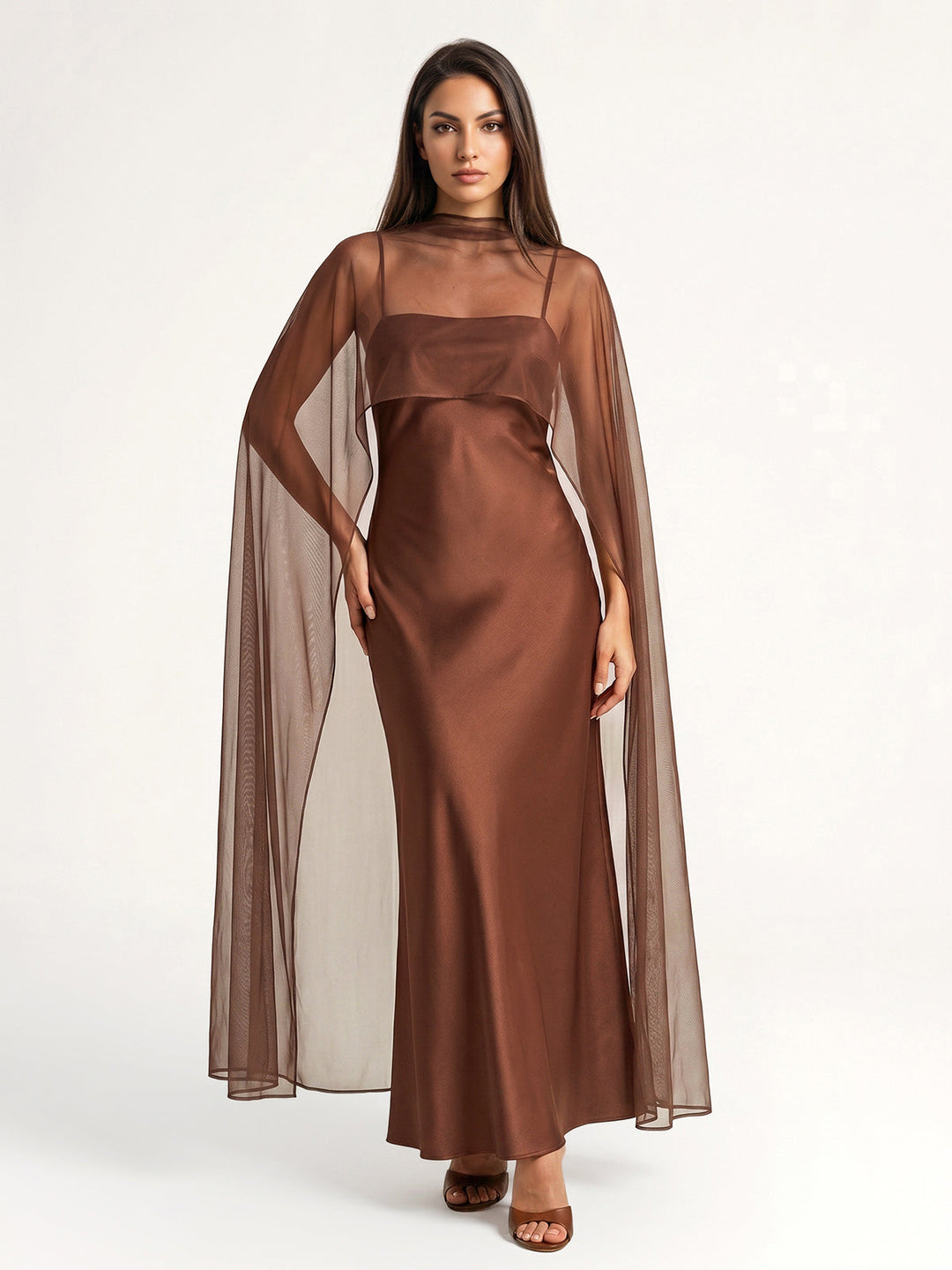 Mesh Cape Overlay Satin Slip Dress