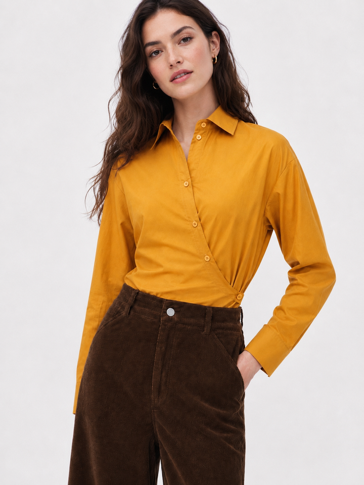 Wrap‑Style Diagonal Button Shirt