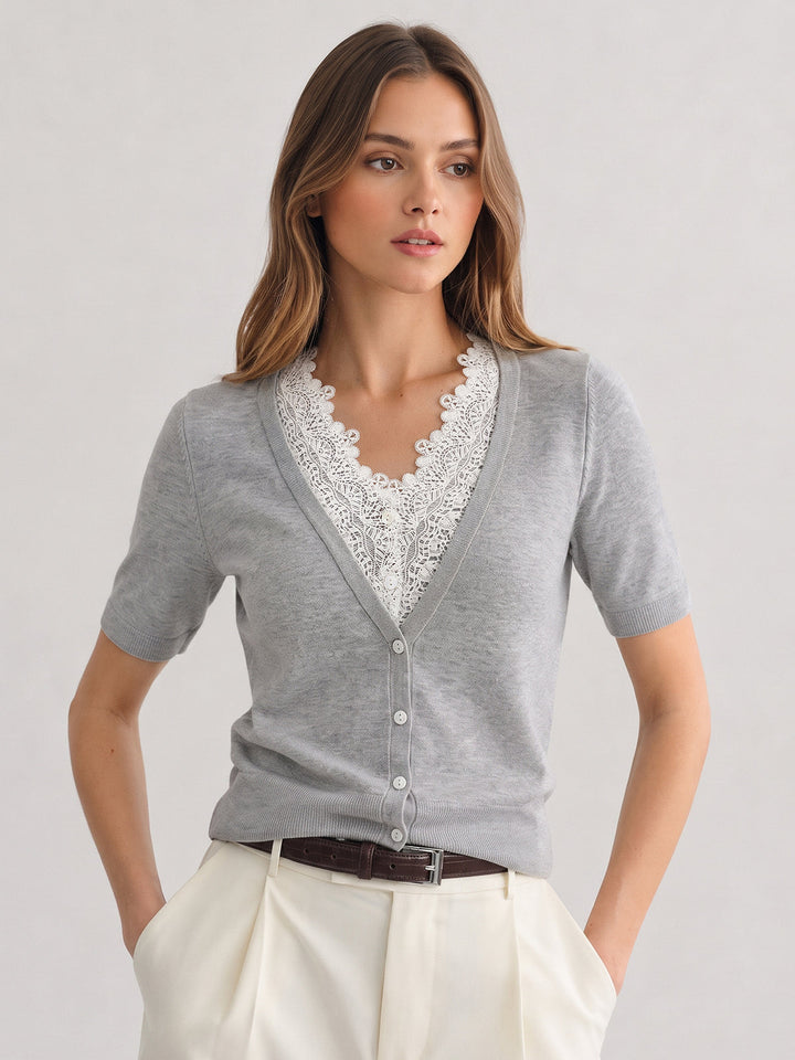 Lace Trim V‑Neck Short Sleeve Sweater