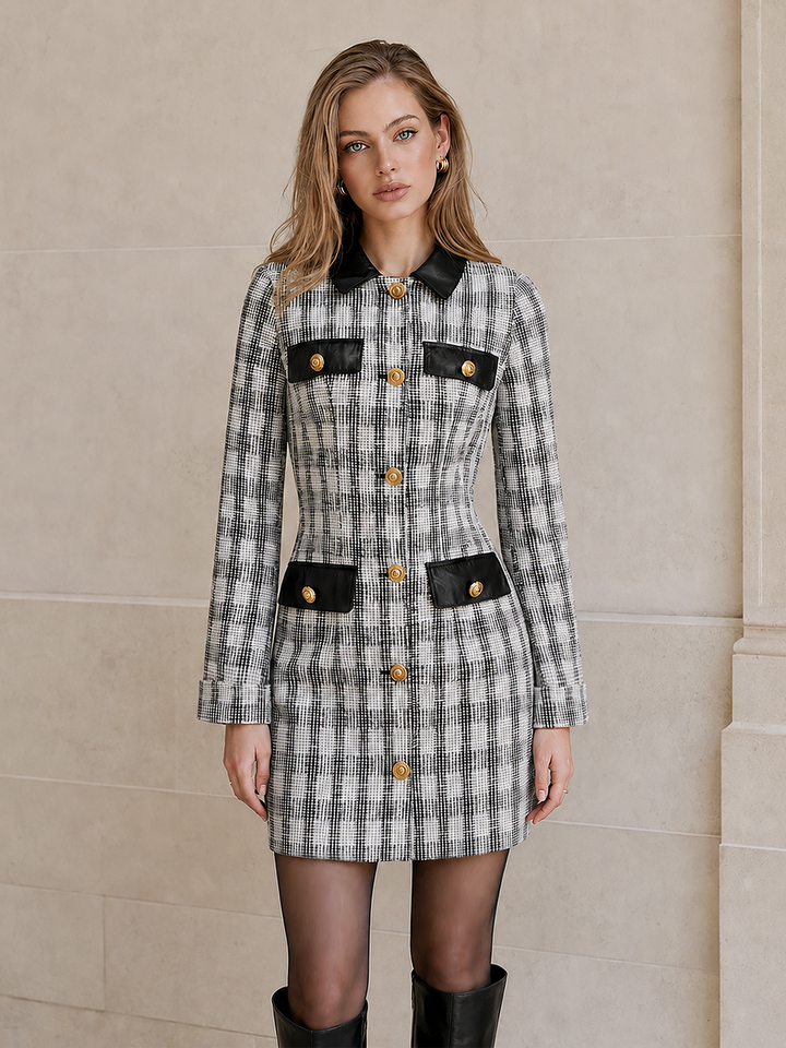 Faux Leather Collar Plaid Tweed Mini Dress