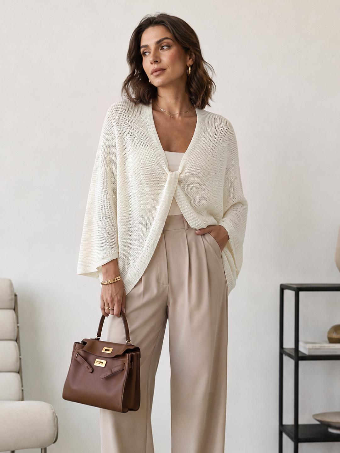 V‑Neck Loose Knit Cape Shrug
