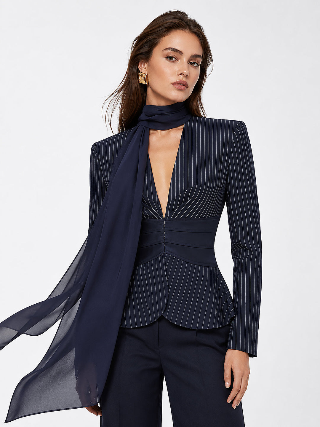 Scarf Collar Pinstripe Blazer