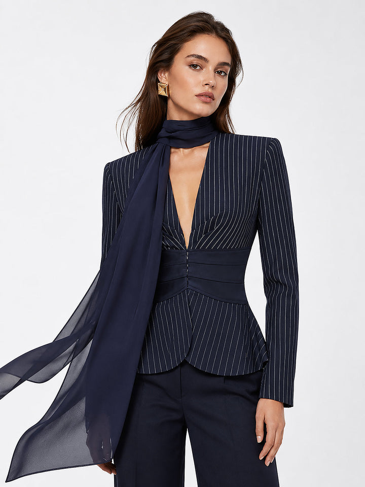 Scarf Collar Pinstripe Blazer