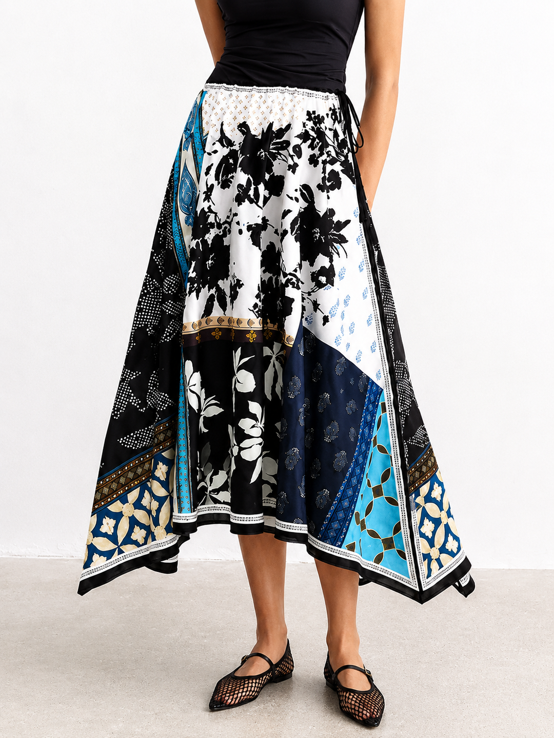 Patchwork Floral Print Asymmetric Midi Skirt