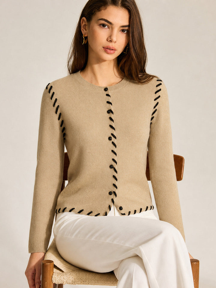 Contrast Stitch Button‑Front Cardigan
