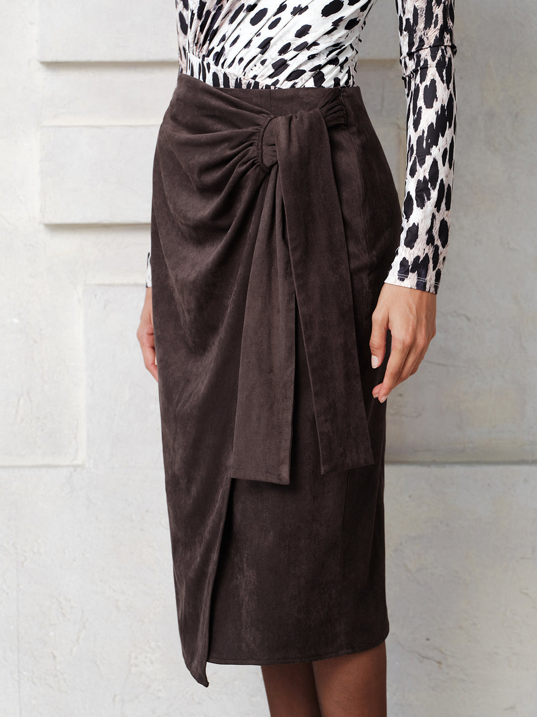 Suede Effect Ruched Wrap Midi Skirt