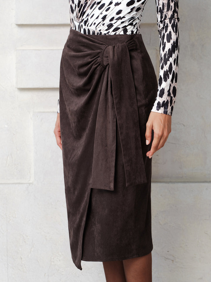 Suede Effect Ruched Wrap Midi Skirt
