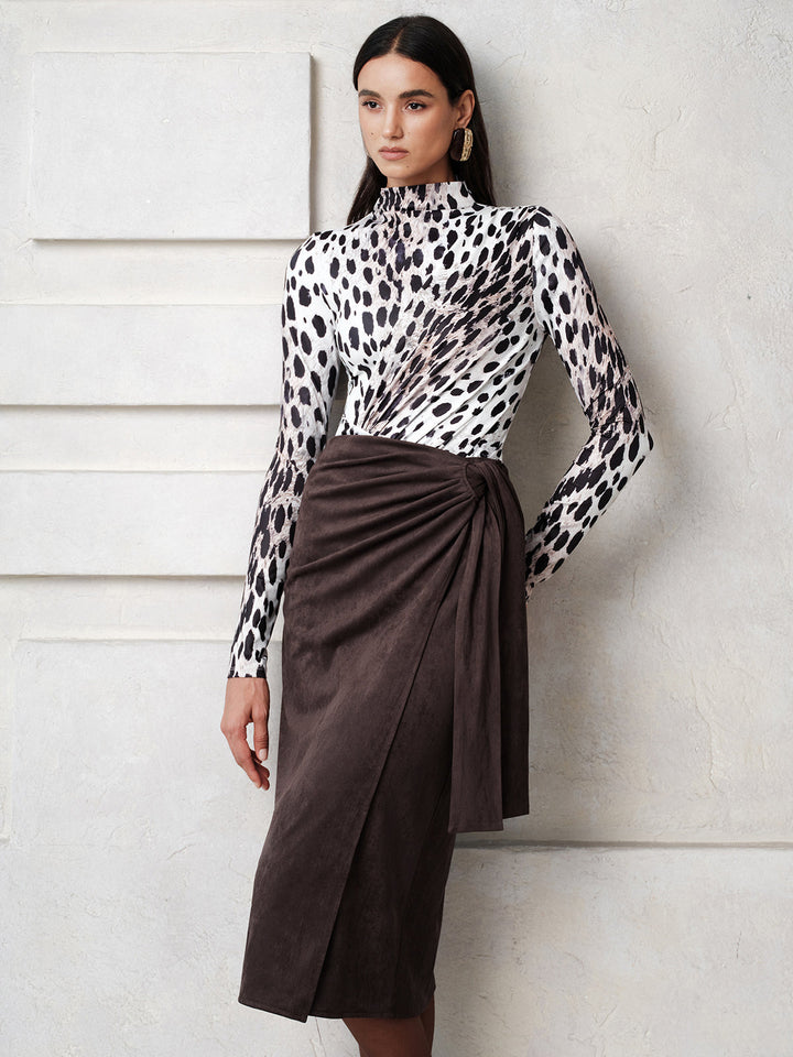 Suede Effect Ruched Wrap Midi Skirt