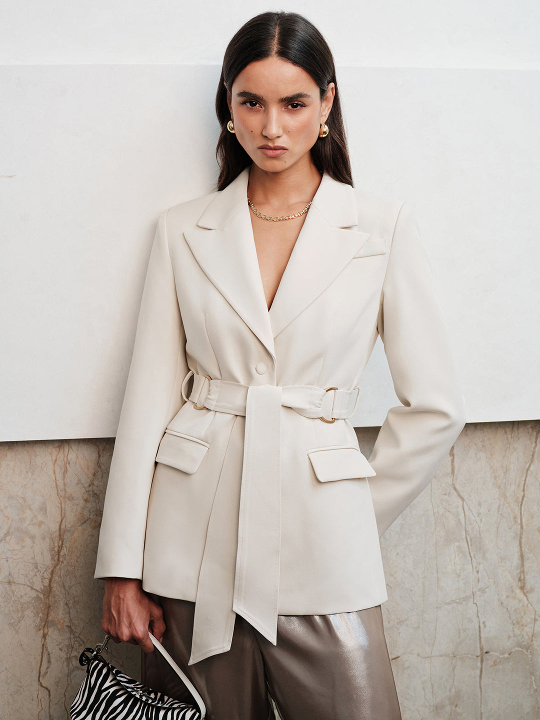 Notched Lapel Belted Tailored Blazer