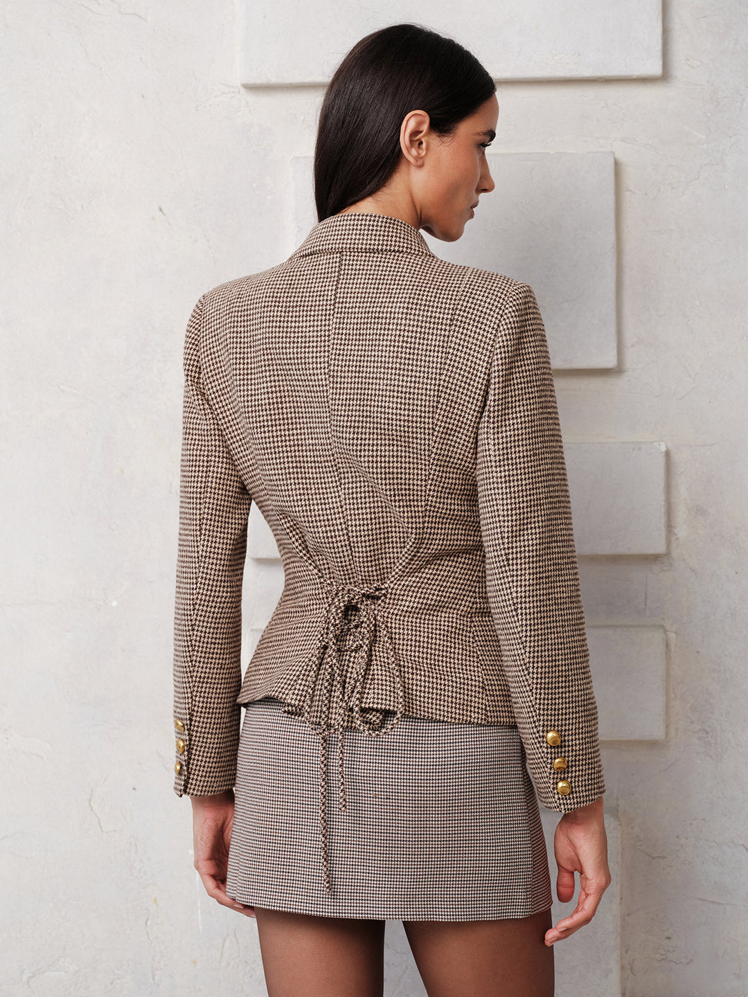 Houndstooth Lace‑Up Back Fitted Blazer
