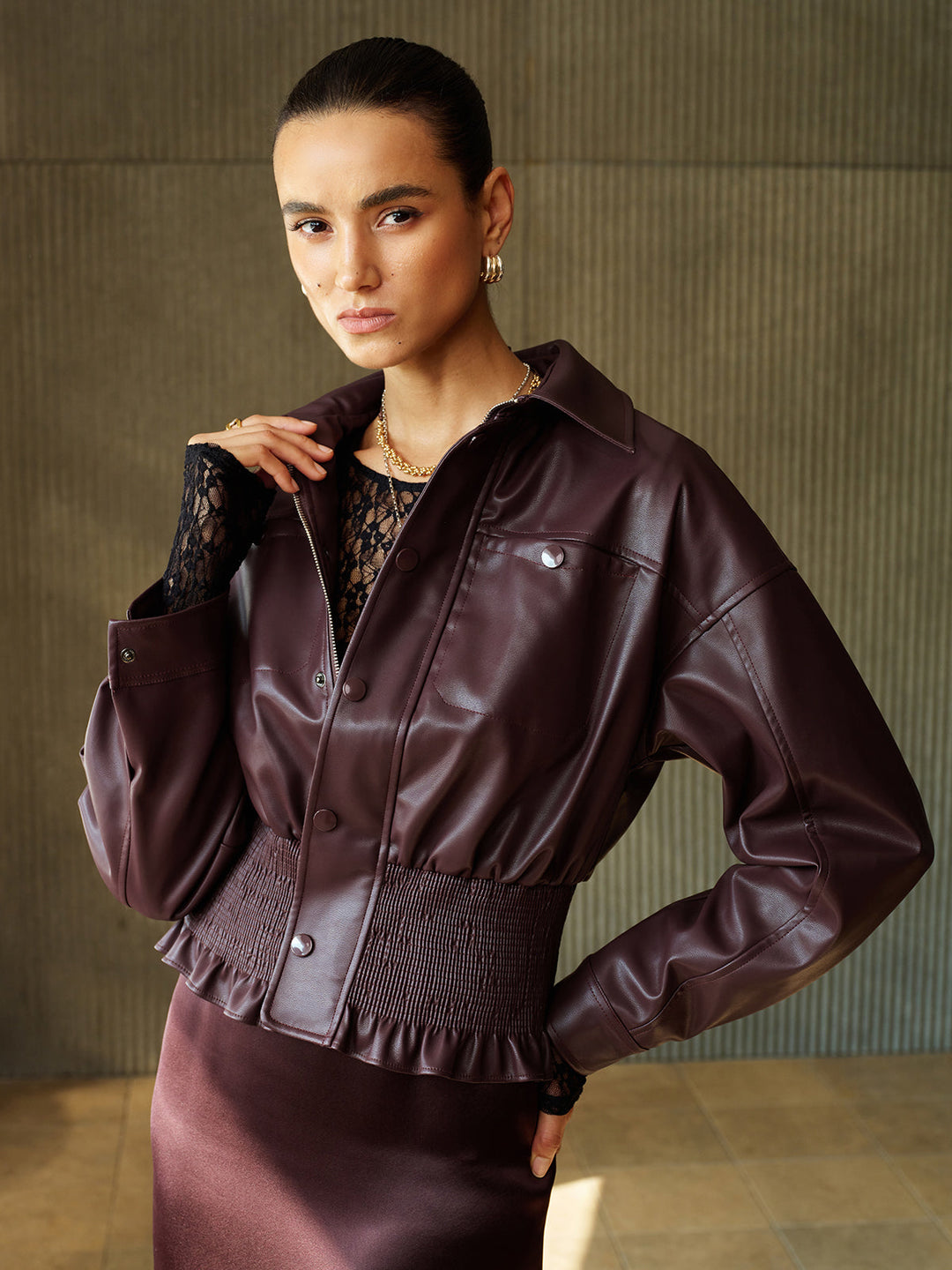 Smocked Waist Faux Leather Jacket