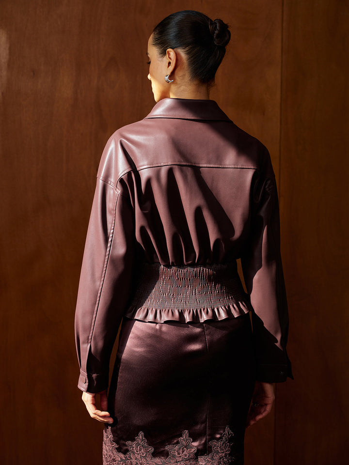 Smocked Waist Faux Leather Jacket