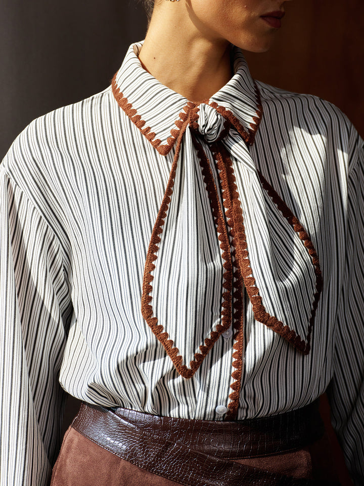 Crochet Edge Bow Tie Striped Shirt