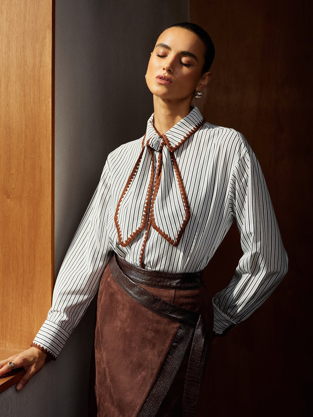 Crochet Edge Bow Tie Striped Shirt