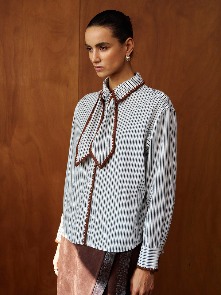 Crochet Edge Bow Tie Striped Shirt