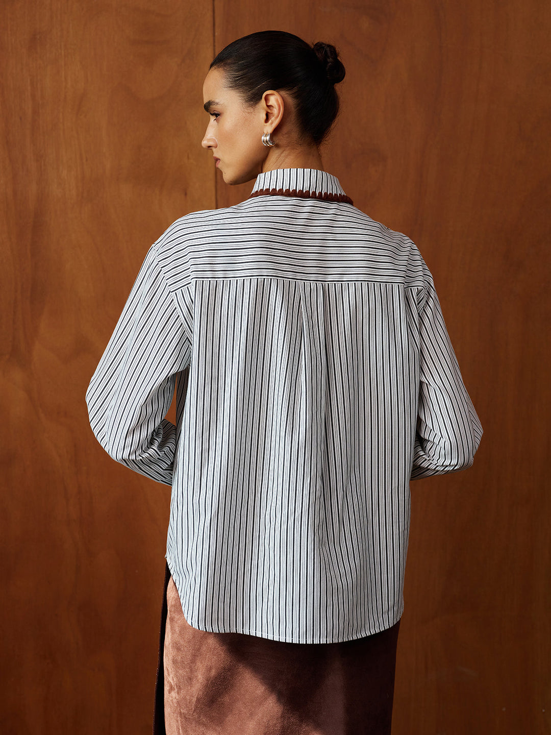 Crochet Edge Bow Tie Striped Shirt