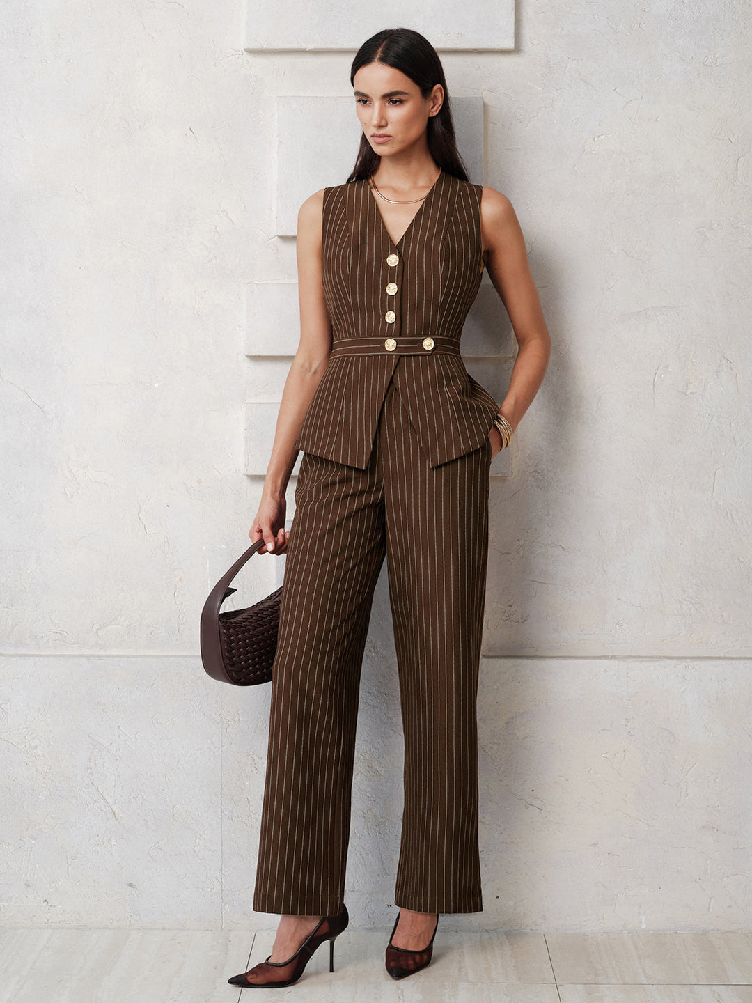Pinstripe Sleeveless Vest Straight Pants Set