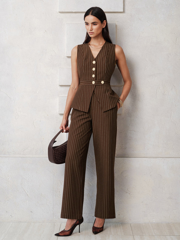 Pinstripe Sleeveless Vest Straight Pants Set
