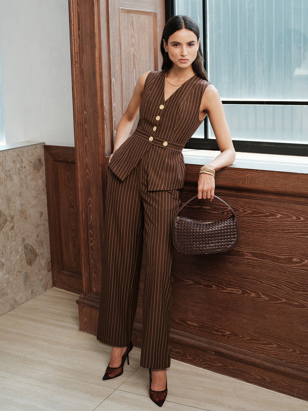 Pinstripe Sleeveless Vest Straight Pants Set
