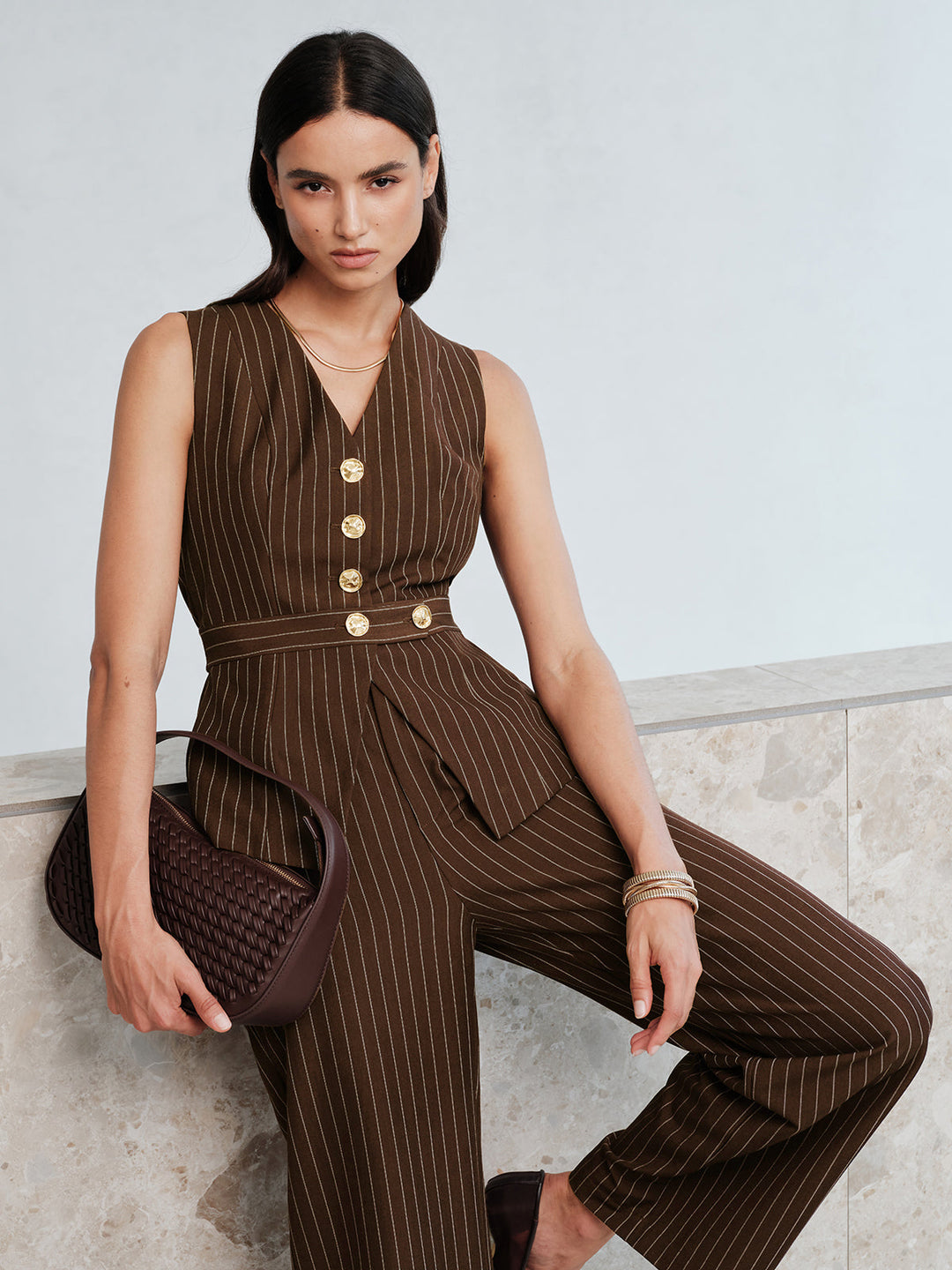 Pinstripe Sleeveless Vest Straight Pants Set