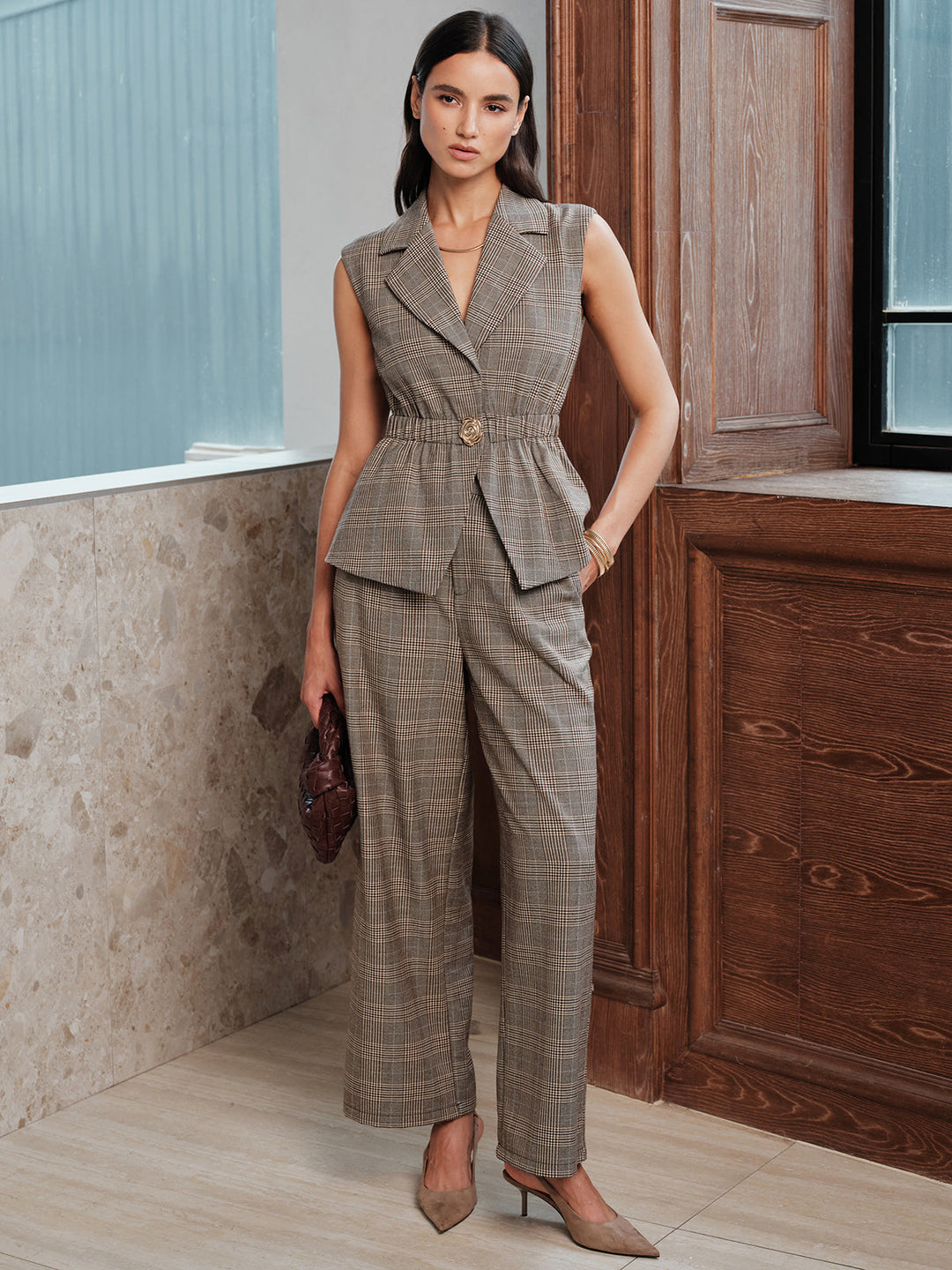 Plaid Sleeveless Blazer Wide Leg Pants Set