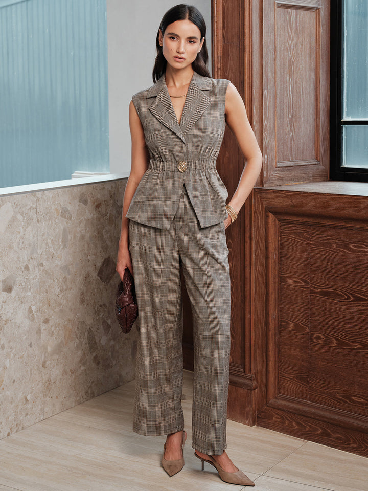 Plaid Sleeveless Blazer Wide Leg Pants Set