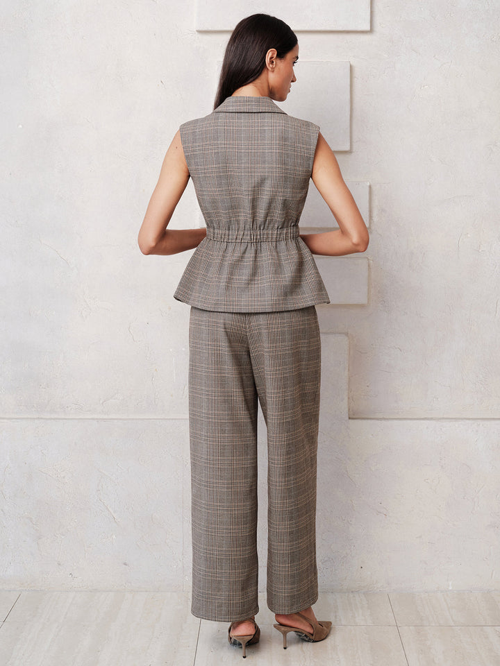 Plaid Sleeveless Blazer Wide Leg Pants Set