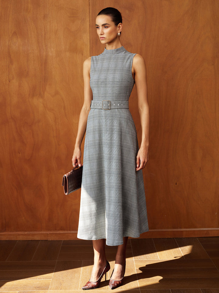 Plaid Stand Collar Belted Maxi Dress
