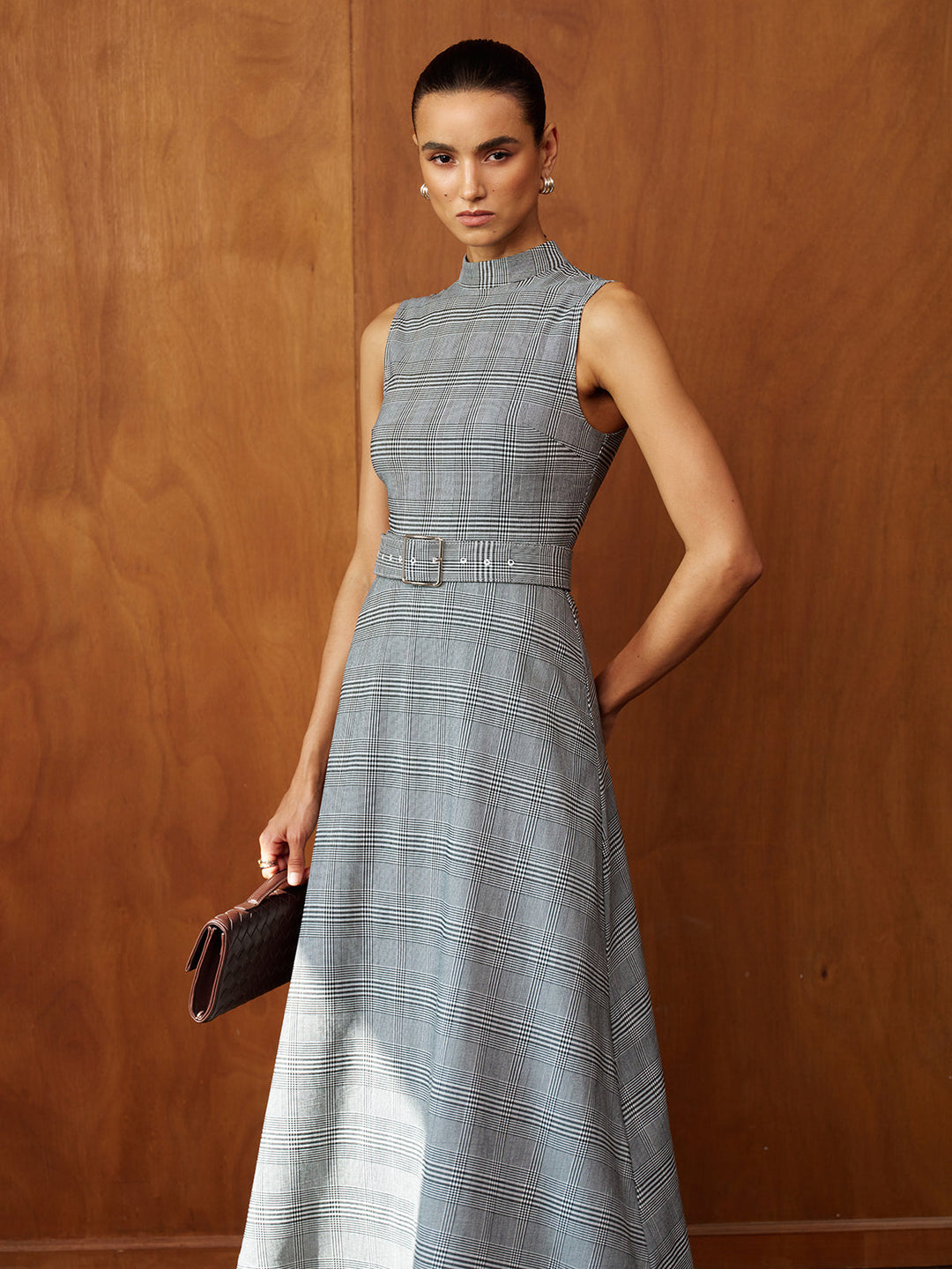 Plaid Stand Collar Belted Maxi Dress