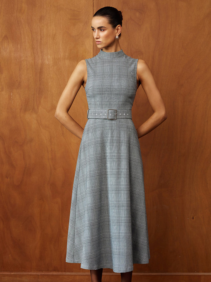 Plaid Stand Collar Belted Maxi Dress