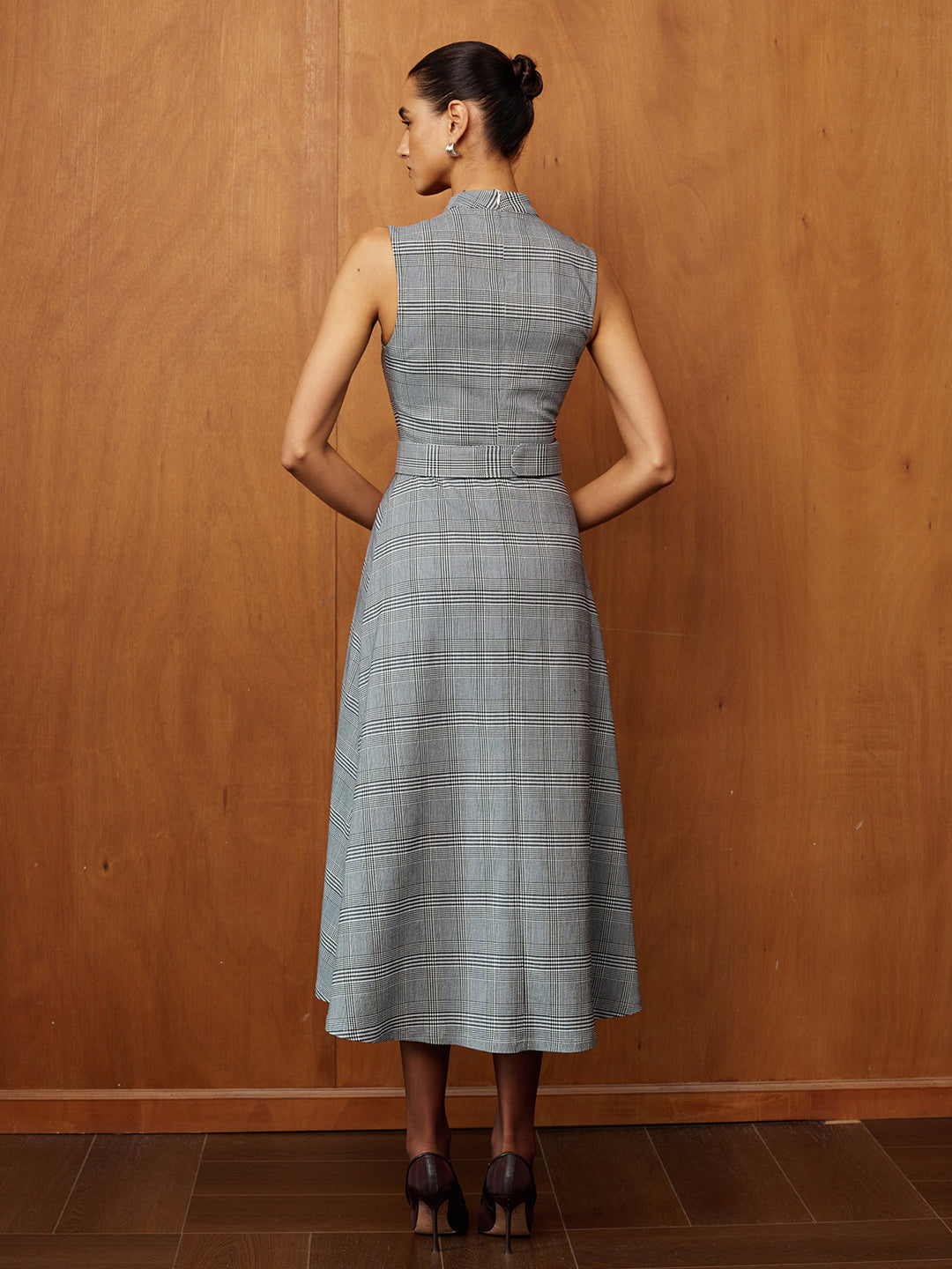 Plaid Stand Collar Belted Maxi Dress