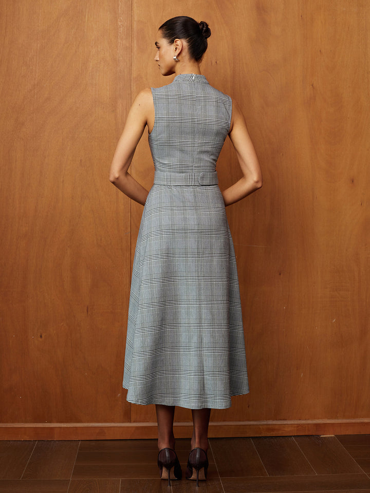 Plaid Stand Collar Belted Maxi Dress